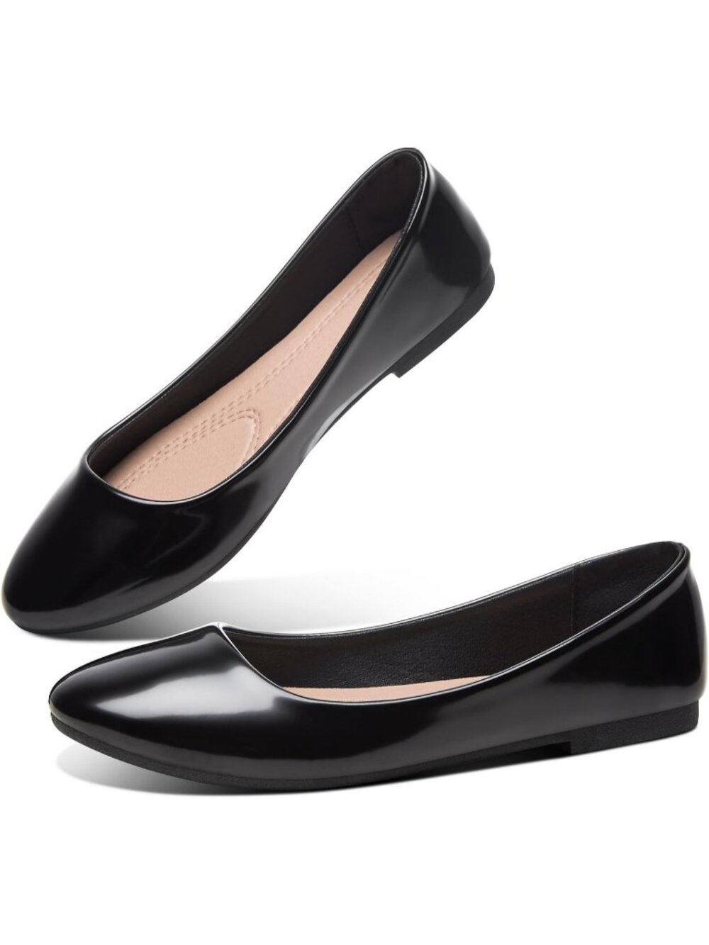 Women's Black Patent Round Toe Flats Slip On Stable Black Ballet Dress Shoes